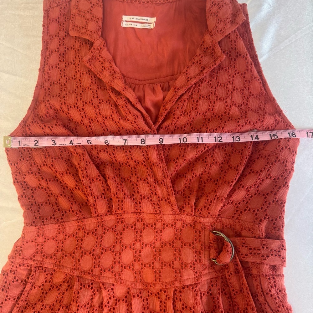 Anthropologie Elm Burnt Rust Orange Lacy Eyelet Sleeveless Collared Midi Dress - Picture 11 of 14